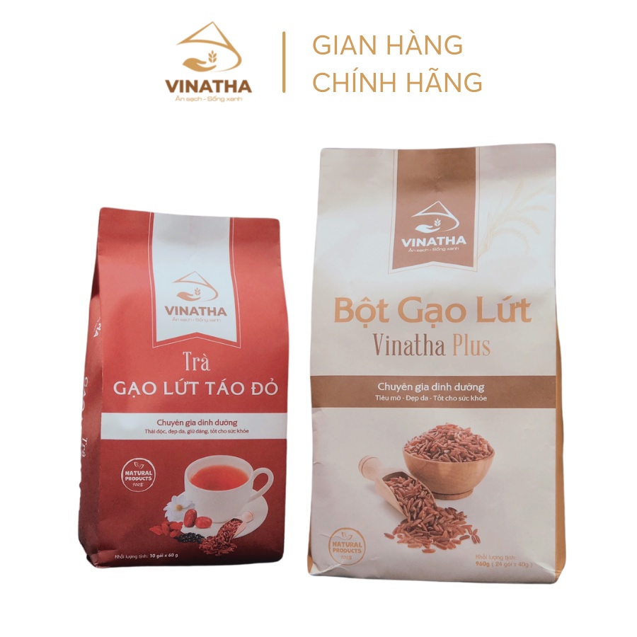 Combo Bột Gạo Lứt Ăn Kiêng Giảm Cân VINATHA Plus (24 gói nhỏ 40g) + Trà Gạo Lứt Táo Đỏ (10 gói nhỏ 60g) - VNT01