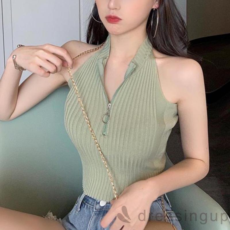 Áo Croptop Sát Nách Màu Trơn Phối Khóa Kéo Cá Tính Cho Nữ