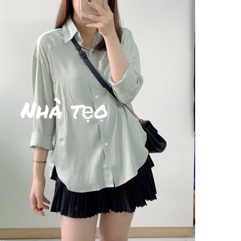 Áo sơ mi nữ trơn vintage chất lụa tăm hàng Quảng Châu bốn màu trắng be xanh mint hồng | BigBuy360 - bigbuy360.vn