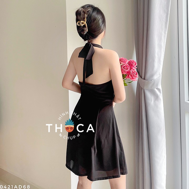 Đầm dáng xòe cổ yếm hở lưng trơn đen THOCA HOUSE dự tiệc, dạo phố, trang phục buổi tối cho nàng