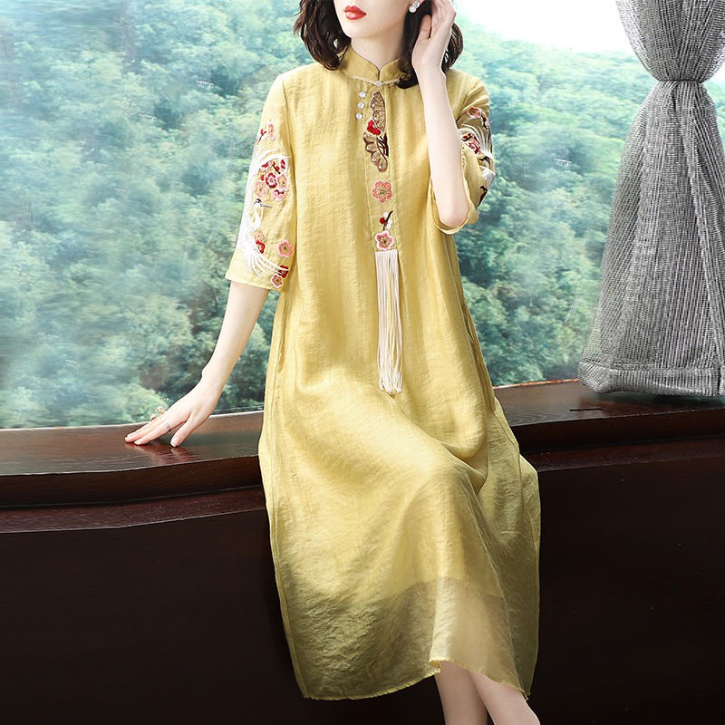 Thời trang trung niên▧✌๑Phiên bản cải tiến của váy dân tộc sườn xám văn học tính khí retro phụ nữ Trung Quốc dài