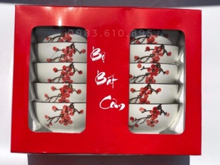 Bộ 10 Bát Cơm Sứ Bát Tràng Vẽ Hoa Đào