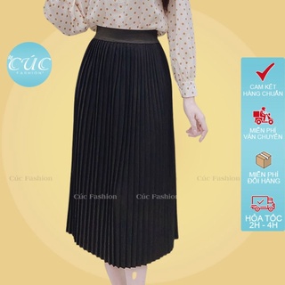 Chân váy xếp ly Cúc Fashion cao cấp dáng dài công sở cạp cao chun co giãn dập li xòe CV805