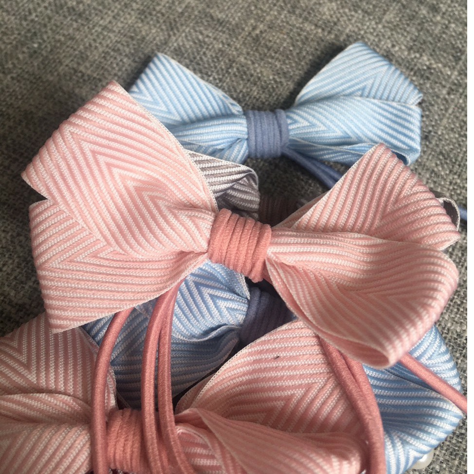 Dây buộc tóc cột tóc nơ vải sọc loại to cứng kèm hạt trai cho bạn gái