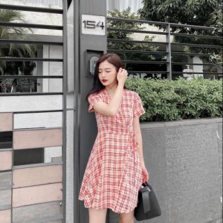 Váy kẻ caro cột eo mầu hồng cam