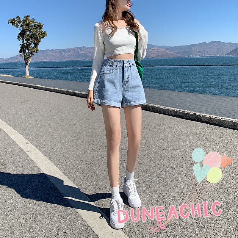 DUNEA Quần Short Denim Lưng Cao Ống Rộng Phối Túi Cá Tính Dành Cho Nữ