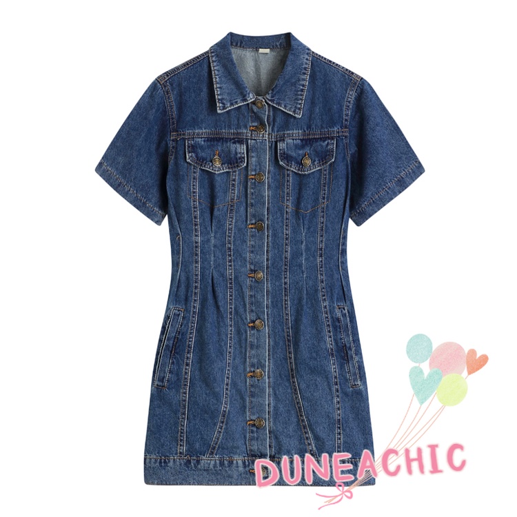 DUNEA DUNEA Đầm Denim Ngắn Tay Cổ Bẻ Phối Hàng Nút Phong Cách Đường Phố