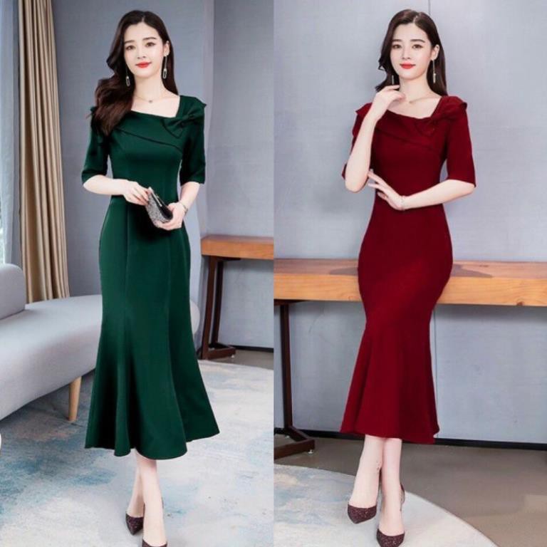 Đầm dáng ôm đuôi cá cổ đính nơ, váy body công sở thanh lịch