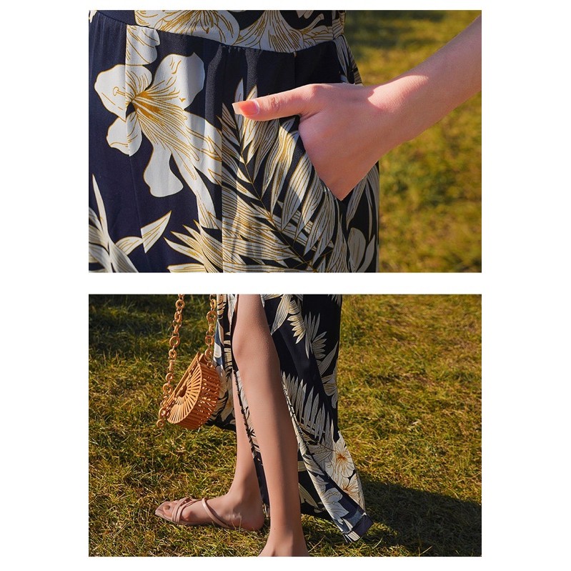 Floral jumpsuit của phụ nữ mùa hè bên bờ biển kỳ nghỉ nổi tiếng jumpsuit là quần mỏng đi biển xẻ quần ống rộng