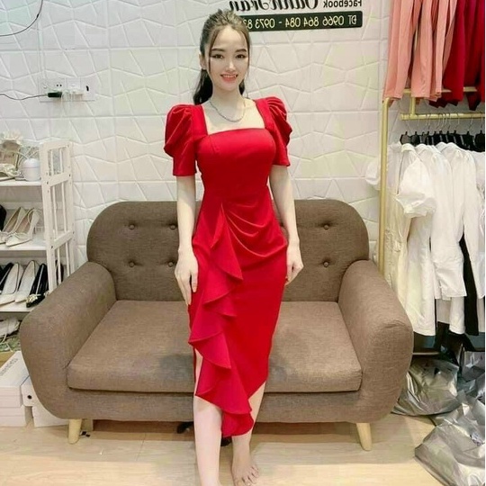 Váy đầm nữ body dự tiệc cổ vuông tay phồng