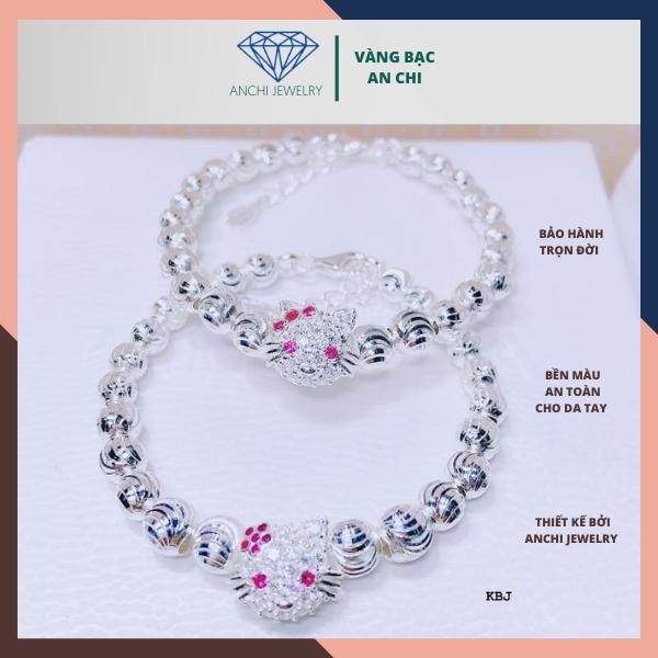 Lắc tay bi bạc mèo kitty cho bé gái, bạc ta bao sáng đẹp, Anchi jewelry