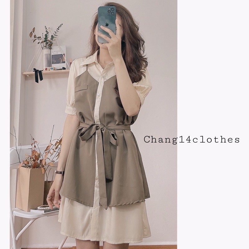 váy gile liền với áo sơmi trắng dài hàng quảng châu cao cấp | BigBuy360 - bigbuy360.vn