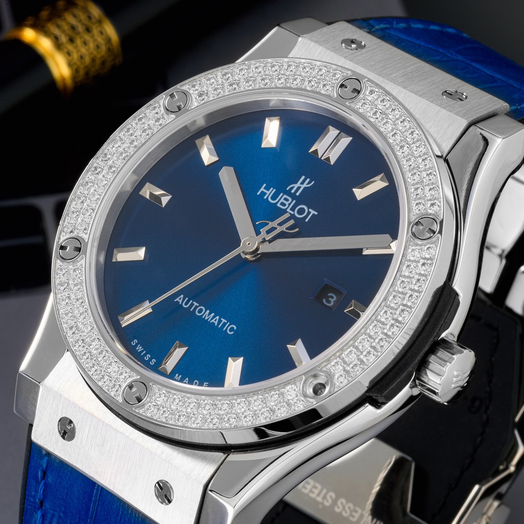 Đồng hồ nam Hublot máy cơ automatic mặt tròn đính viền đá chống nước cao cấp DH8803 | BigBuy360 - bigbuy360.vn