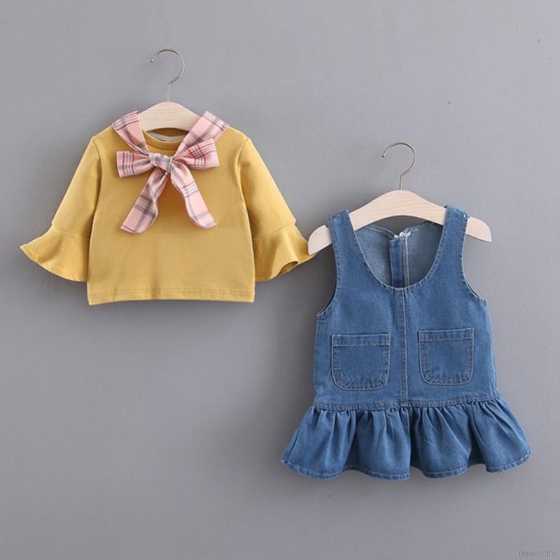 Set Áo Thun Ngắn Tay Và Đầm Yếm Denim Phong Cách Hàn Quốc Dành Cho Bé Gái