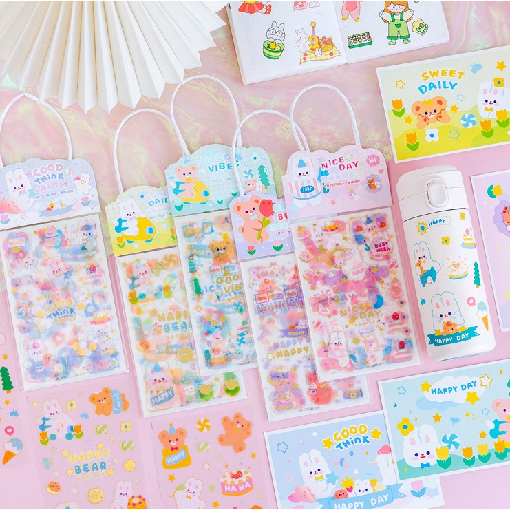 Túi Sticker Có Quai Xách Hình Cô Gái / Thỏ/ Gấu - Set 3 Tấm Sticker Phong Cách Hàn Quốc Siêu Dễ Thương