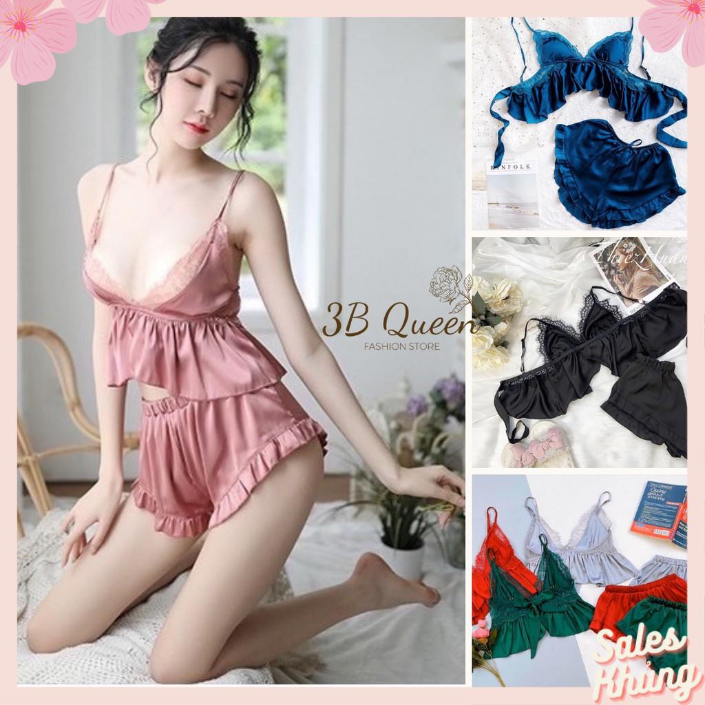 Đồ bộ nữ 2 dây phối ren ngực sexy, đồ ngủ chất liệu satin cao cấp mềm, mịn,  kèm quần đùi siêu cute