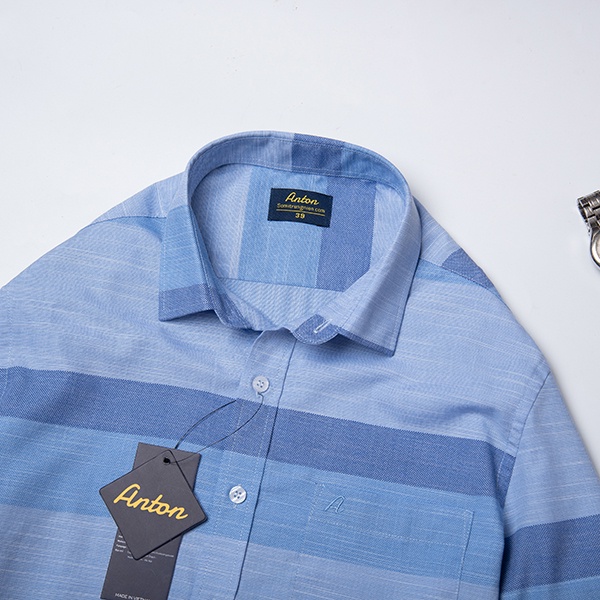 Áo Sơ Mi Nam Công Sở Trung Niên Thương Hiệu Anton Xanh Dương Kẻ Caro Ngắn Tay Vải Sợi Tre - GD566