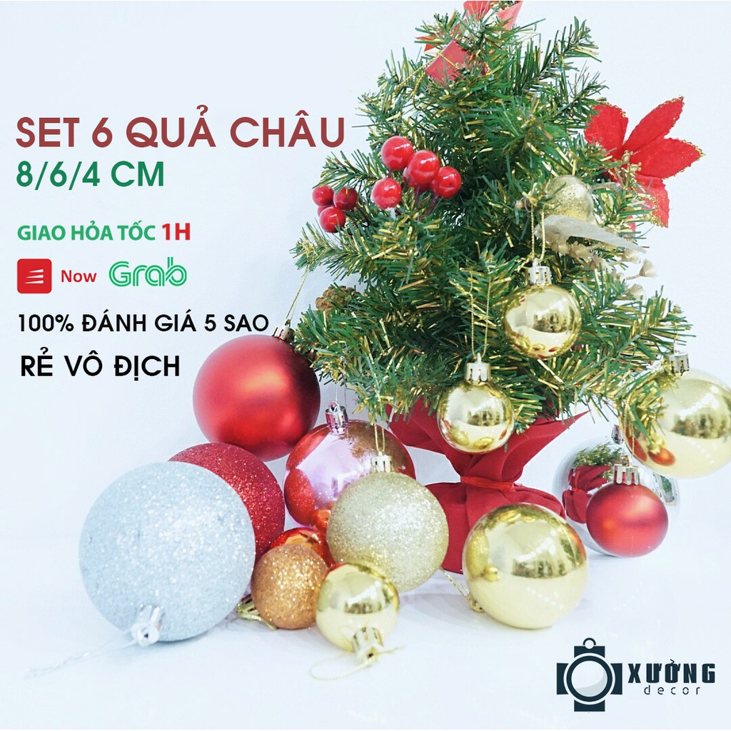 Set 24 Quả Châu Phủ Nhũ Kim Tuyến Size 8/6/4cm Cao Cấp Trang Trí Giáng Sinh Noel