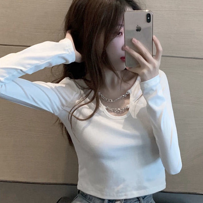 Women's 95 Cotton Short Chain Long-Sleeved T-shirt 2022 Inner Fit Sexy Top Insfashion