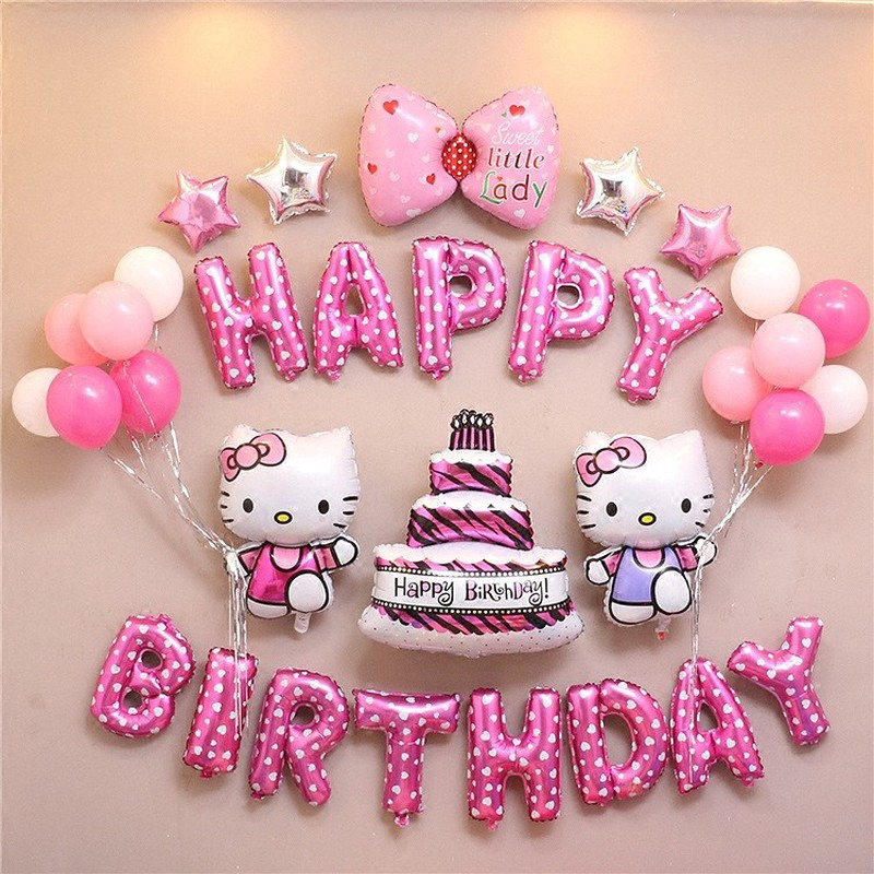 Bộ 33 bong bóng Hello Kitty Happy Birthday chủ đề sinh nhật
