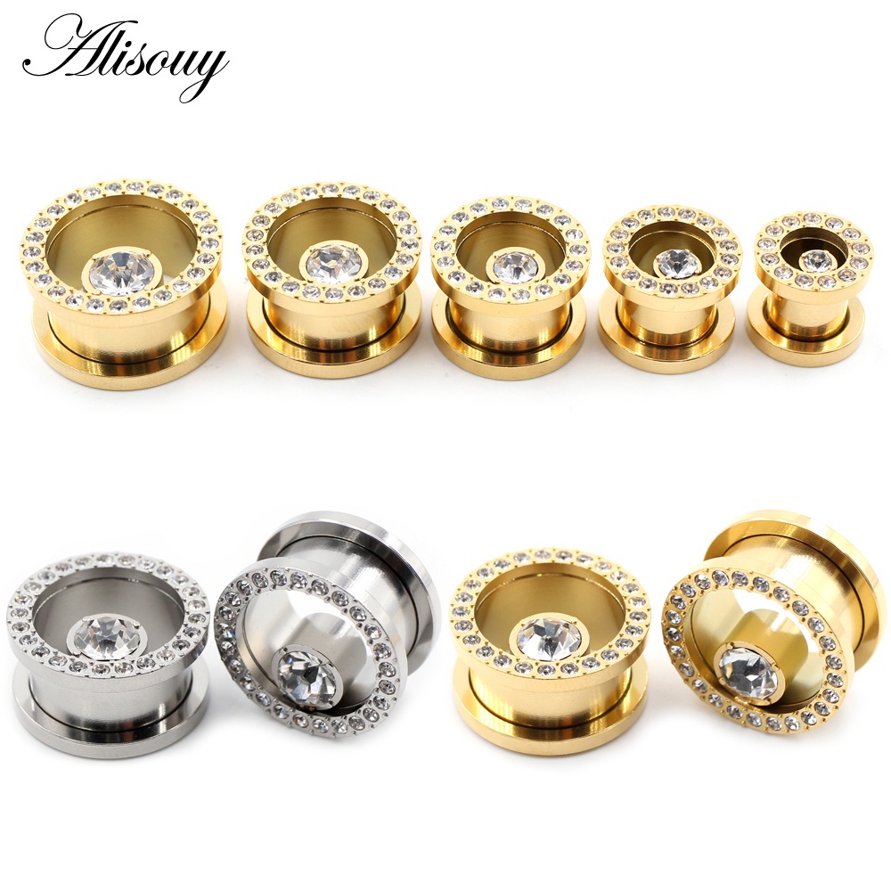 Alisouy 2 Miếng Mới Thép Không Gỉ Pha Lê Cubic Zirconia Tai Đường Hầm Cắm Thịt Mở Rộng Cáng Đồng Hồ Đo Cơ Thể Xuyên Trang Sức