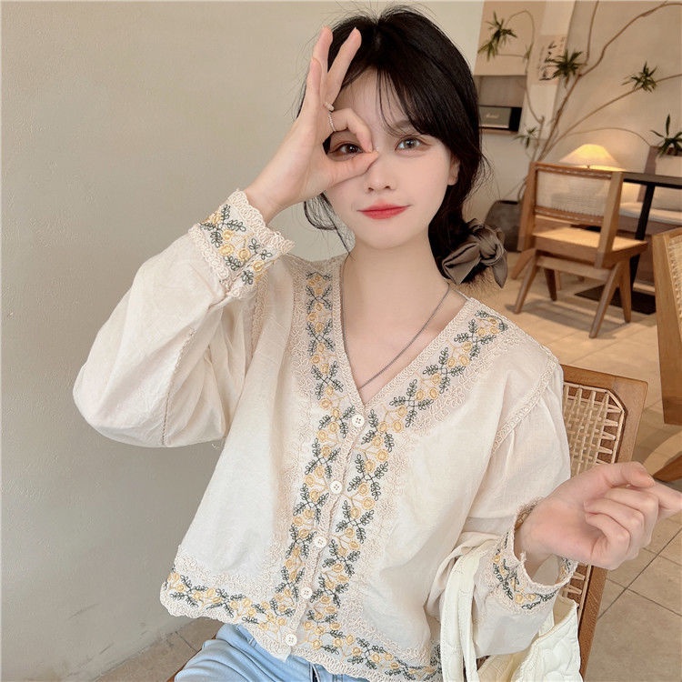 Áo Sơ Mi Tay Dài Cổ Chữ v Thêu Họa Tiết Phong Cách Cổ Điển Thời Trang Sang Trọng Cho Nữ