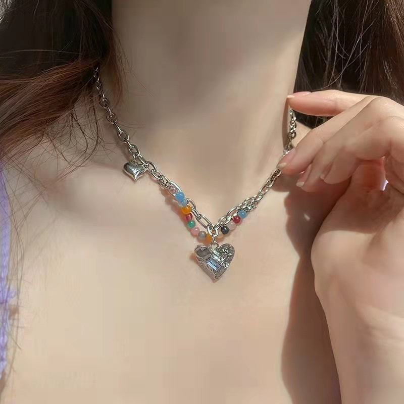 Sweet Cool Heart Pendant Necklace for Women Y2K Beads Stitching Silver Collarbone Chain Choker Accessories Jewelry