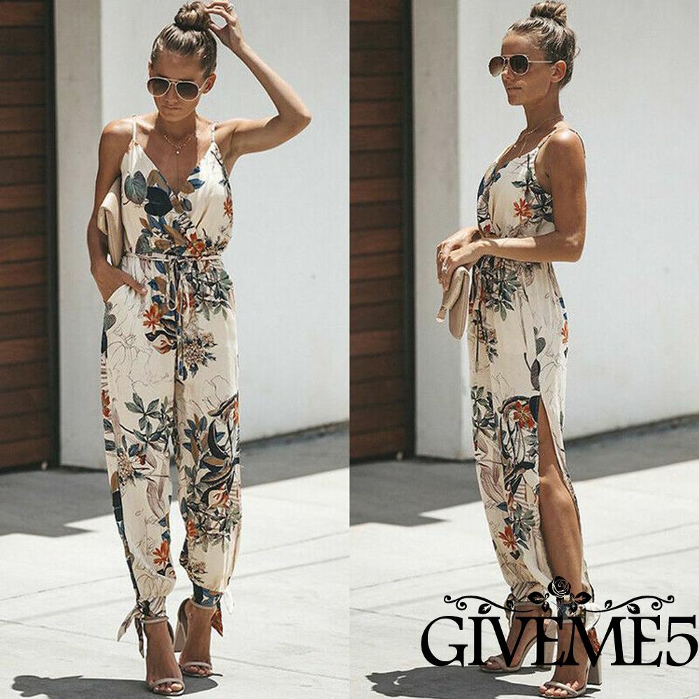 Jumpsuit Cổ V Họa Tiết Hoa Hợp Thời Trang Cho Nữ