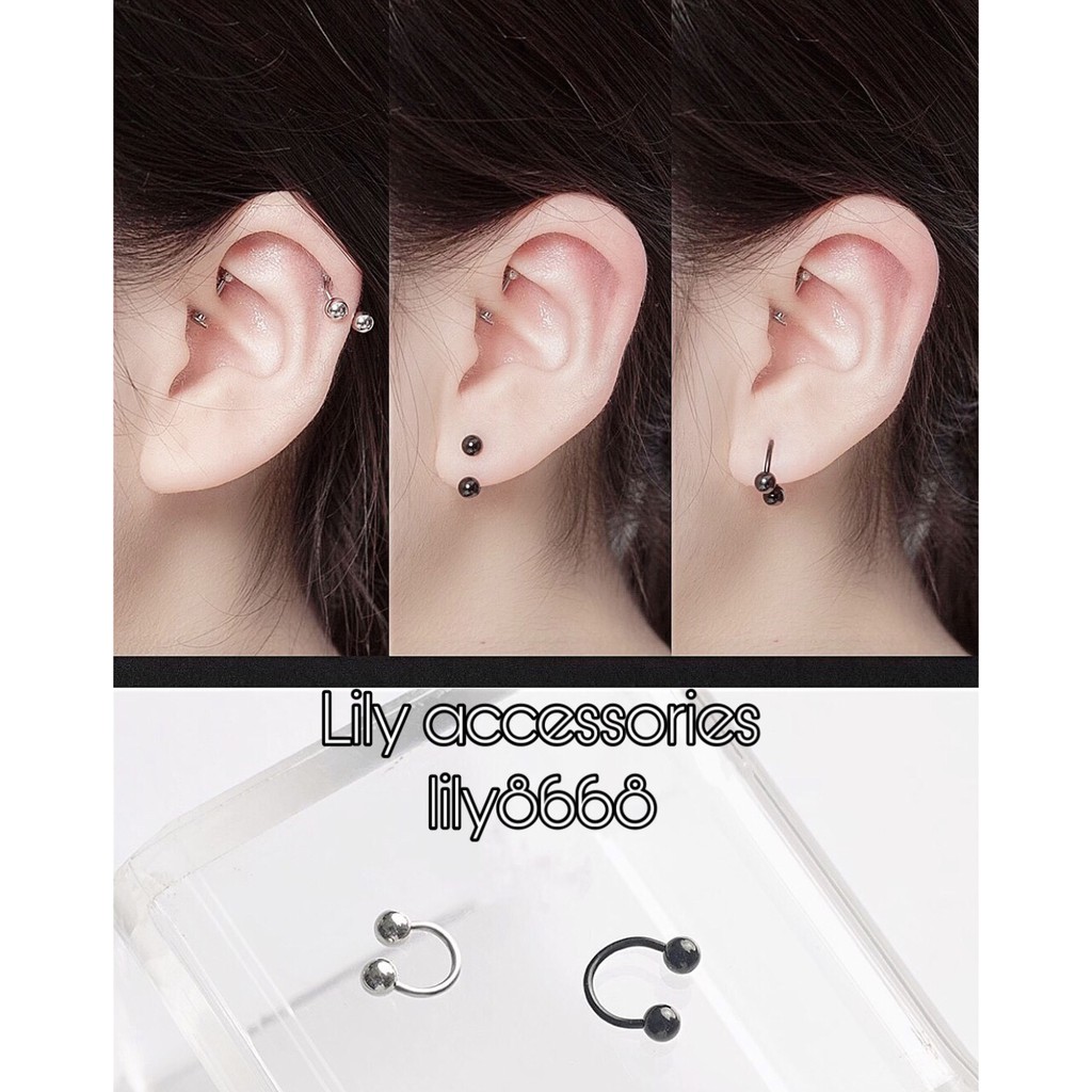 U-SHAPED Marbles Earring khuyên tai titan chữ U 2 đầu bi vặn không gỉ không đen không dị ứng nam nữ(loại mỏng)