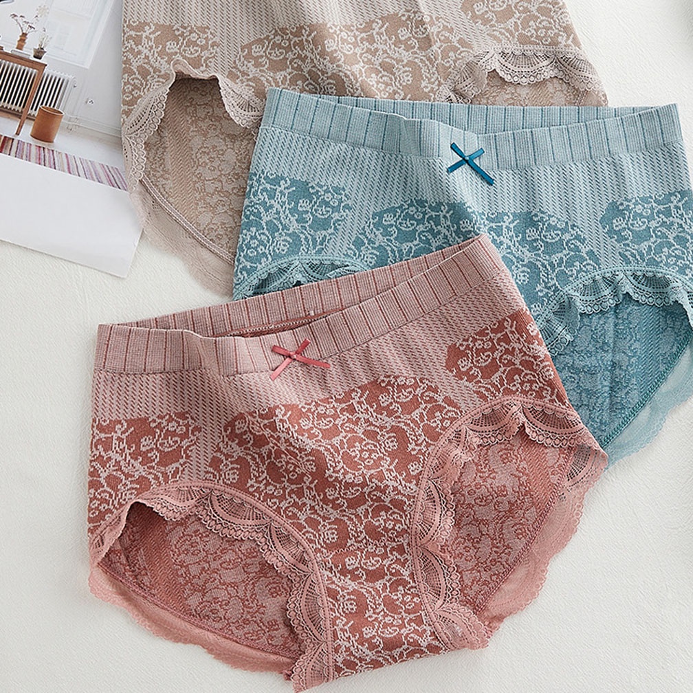 Quần lót nữ cotton không đường may phối ren co giản kháng khuẩn hoàng hậu đẹp lưng cao 05