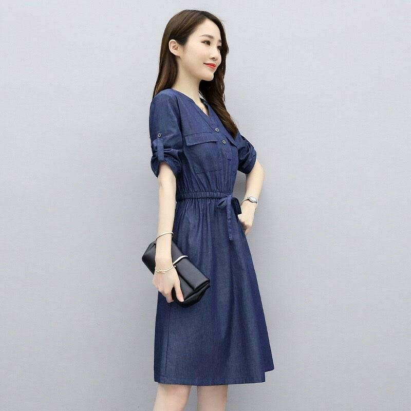 Đầm jean xòe rút eo, váy bò denim xinh xắn - DTH