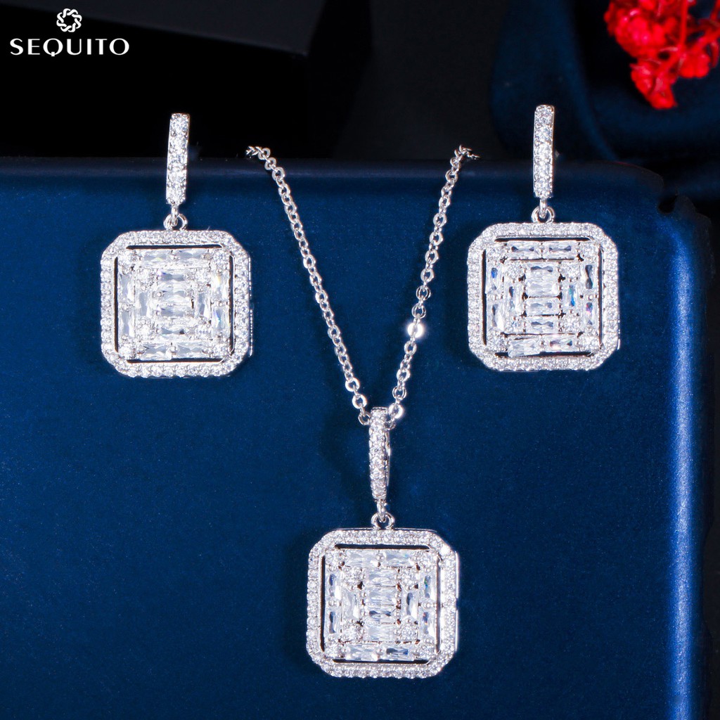 SEQUITO Thời Trang Tinh Tế Sáng Bóng CZ Zircon Mạ Bạc Vuông Thả Tòn Ten Bông Tai Vòng Cổ Cho Nữ Dự T