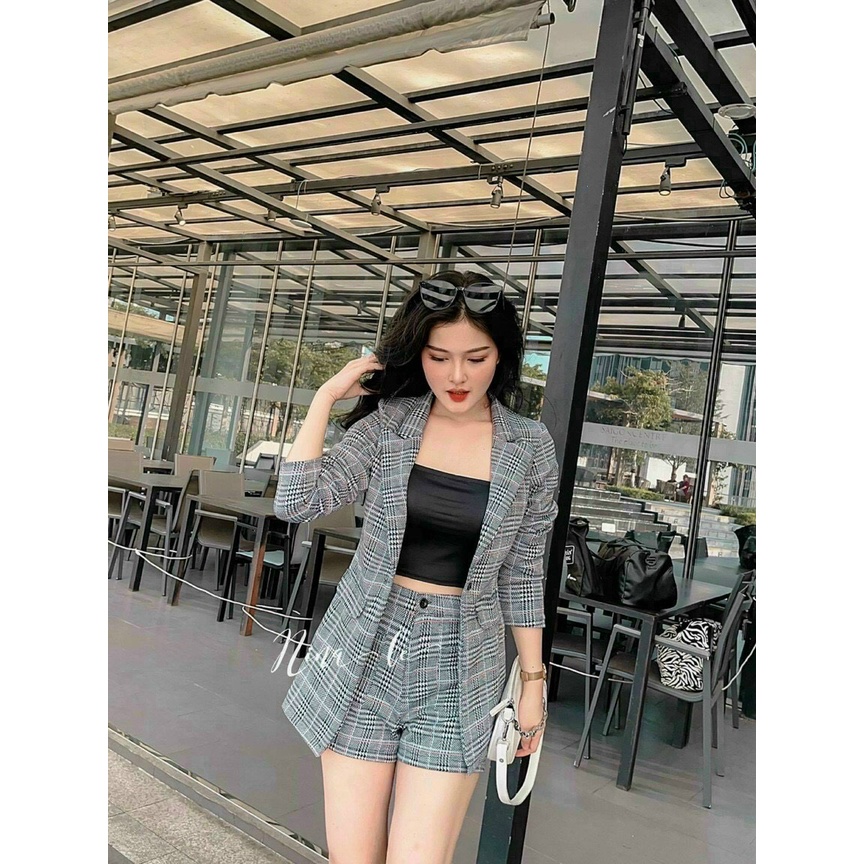 [8.8 Sales Freeship] Set bộ 3 món, set áo vest nữ tay dài sọc caro mix quần sooc đùi kèm áo 2 dây dạo phố sang chảnh dx