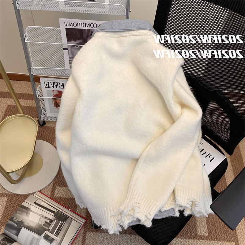 Spring new style design sense suit collar spliced cardigan jacket female Korean version casual sweater fake two tops