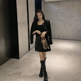 (SẴN) Set dạ tweed đen kéo khóa
