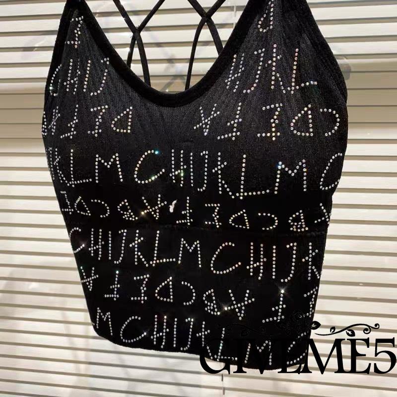 Áo Hai Dây Ôm Dáng In Chữ Đính Đá Hở Lưng Quyến Rũ Cho Nữ