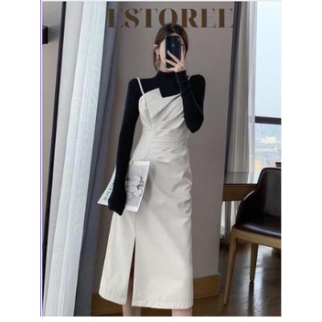 Set váy đầm hai dây yếm nhún bụng trắng xẻ vạt phối cùng áo len tăm cổ lọ đen công sở thời trang dáng ôm Estoree