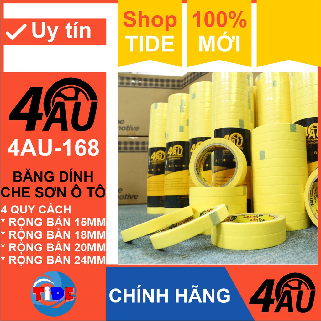 Băng keo giấy che sơn 4Au màu vàng – Băng dính 4Au168 – Không để lại keo – Chịu nhiệt – Dùng cho sơn ô tô, Pu