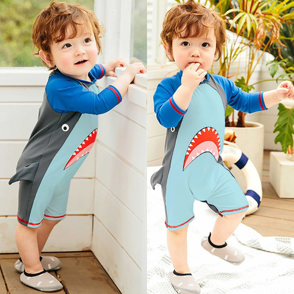 Bộ Đồ Bơi Liền Thân Tay Dài In Hình Cá Mập Hoạt Hình Dễ Thương Cho Bé