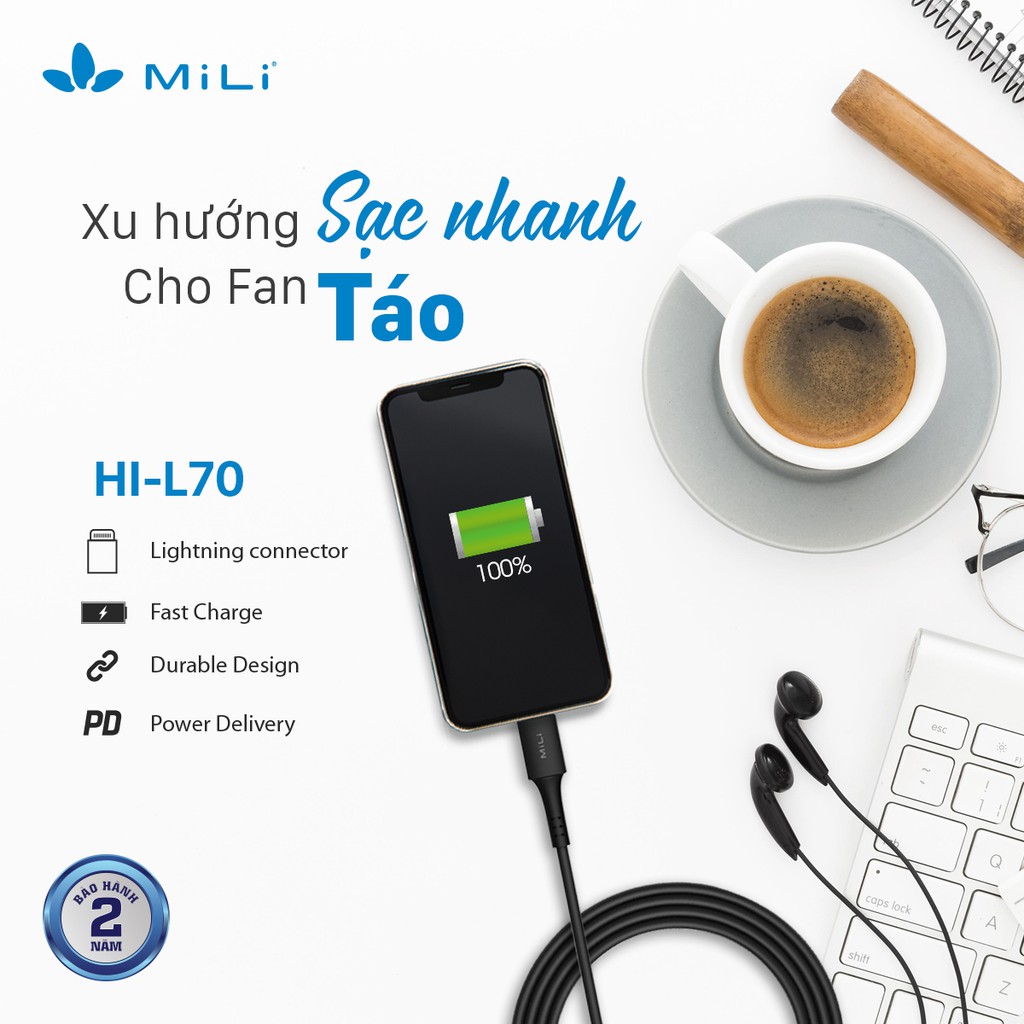 Cáp sạc type C to Lightning MILI HI-L70 - PD 60W, dây sạc 1m