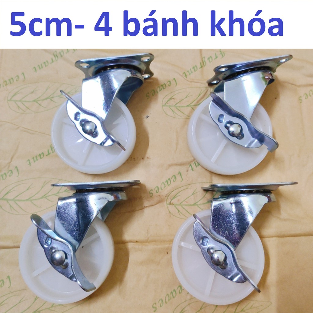 Bộ 4 bánh xe nhựa trắng 5cm (bánh có khóa), Hàng Việt Nam chất lượng cao