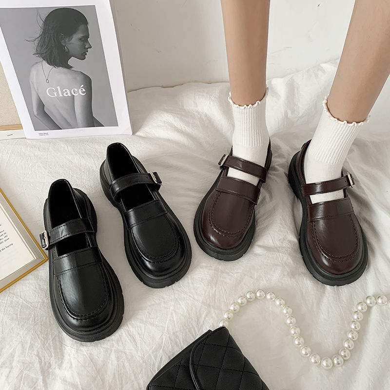 Giày da Mary Jane đế cao dáng ôm chân màu đen phong cách retro Anh Quốc cho nữ N03F