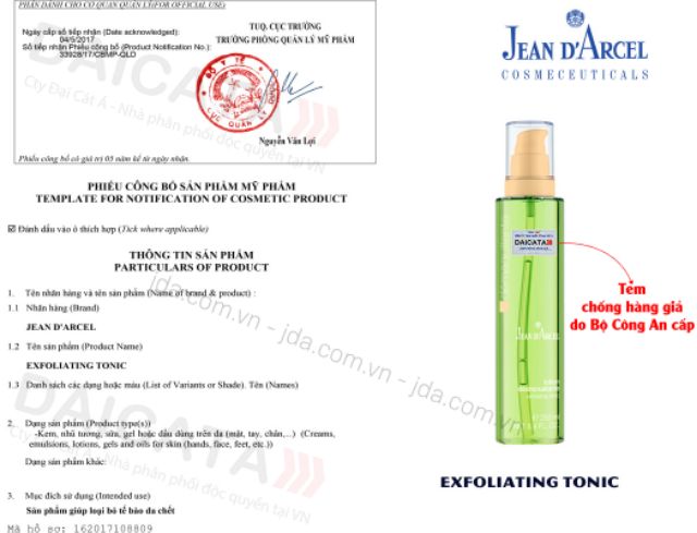 [CHÍNH HÃNG] Dung dịch làm sạch sâu Jean D'arcel giúp cân bằng dầu, tẩy da chết _Exfoliating Tonic 250ml