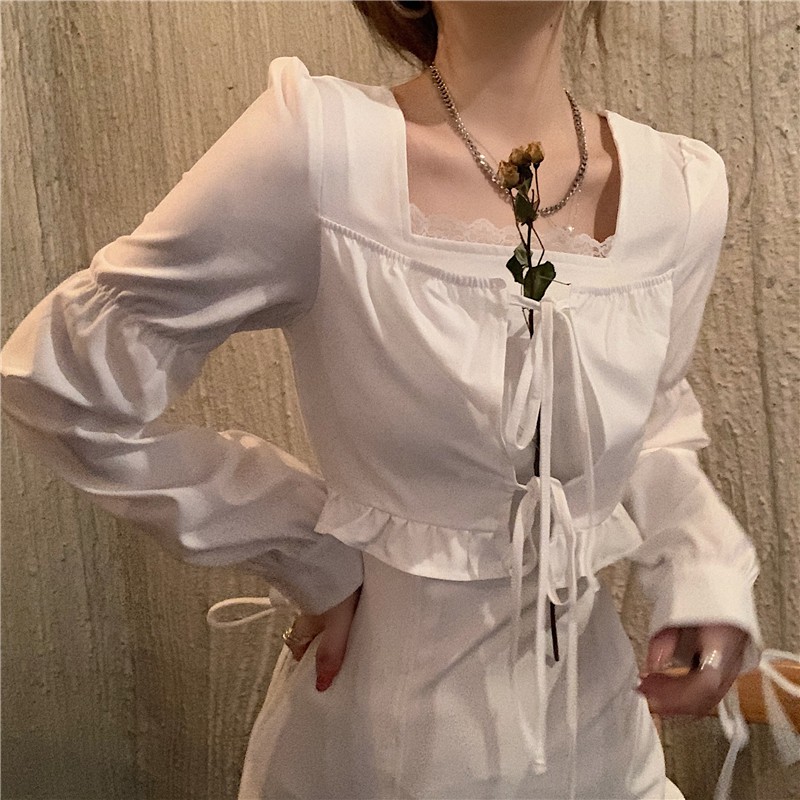 [ HÀNG CÓ SẴN] Váy dài tay trắng cổ vuông xếp nếp cổ điển mùa thu 2020 phong cách  nữ thần Fanzhong