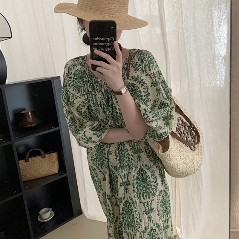 Đầm Suông Hoạ Tiết Tay Phồng Váy Suông Dáng Dài Thời Trang Thanh Lịch