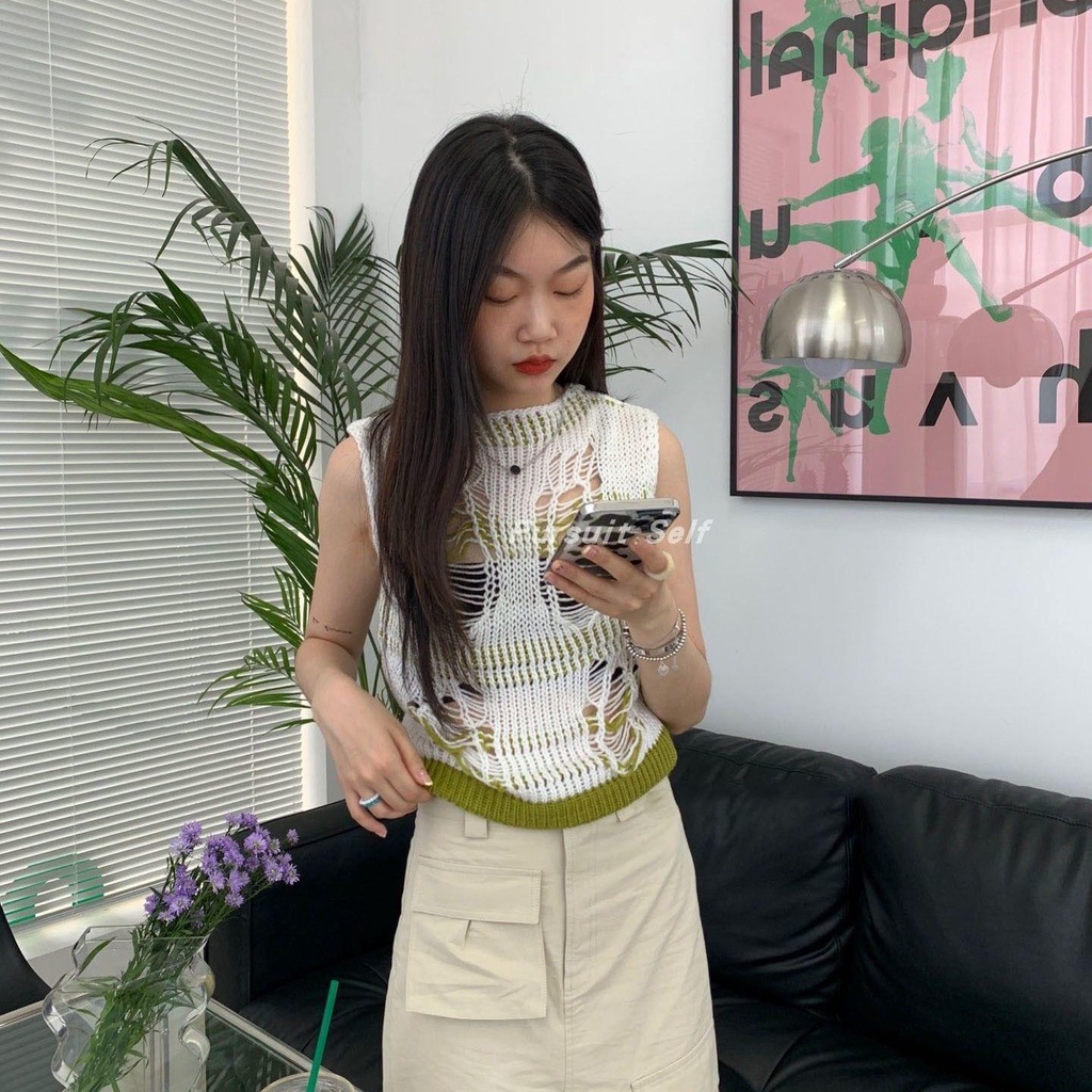 Áo Len Không Tay Thiết Kế Khoét Lỗ Phong Cách Mới Cho Nữ