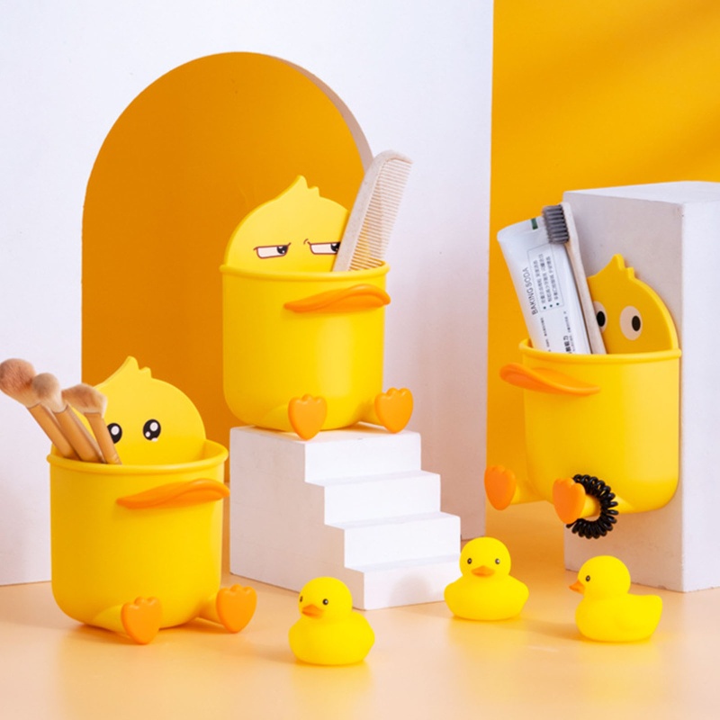 Hộp Đựng Vật Dụng Gắn Tường Có Móc Đa Năng Hình Vịt Vàng Cho Nhà Bếp Phòng Tắm