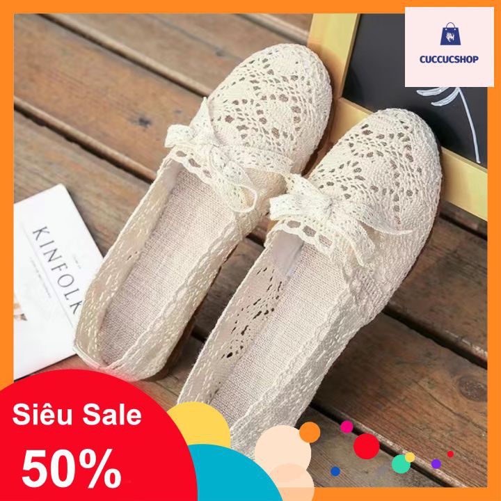 (Hàng sẵn) Giày búp bê ren lưới gắn nơ đế bằng | BigBuy360 - bigbuy360.vn