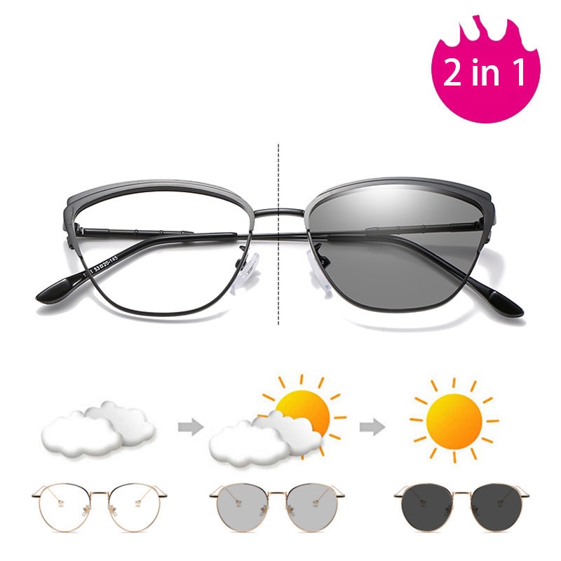 Mắt kính cận VIENDO kim loại đổi màu chống ánh sáng xanh chống tia uv mắt mèo cao cấp thời trang nữ