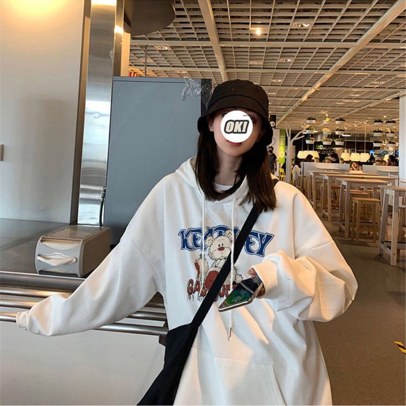 Áo Hoodie Nỉ Hoạt Hình Gấu GASSUCKS Form Rộng Tay Phồng, Áo Hoodie Màu Đen Trắng Basic Unisex